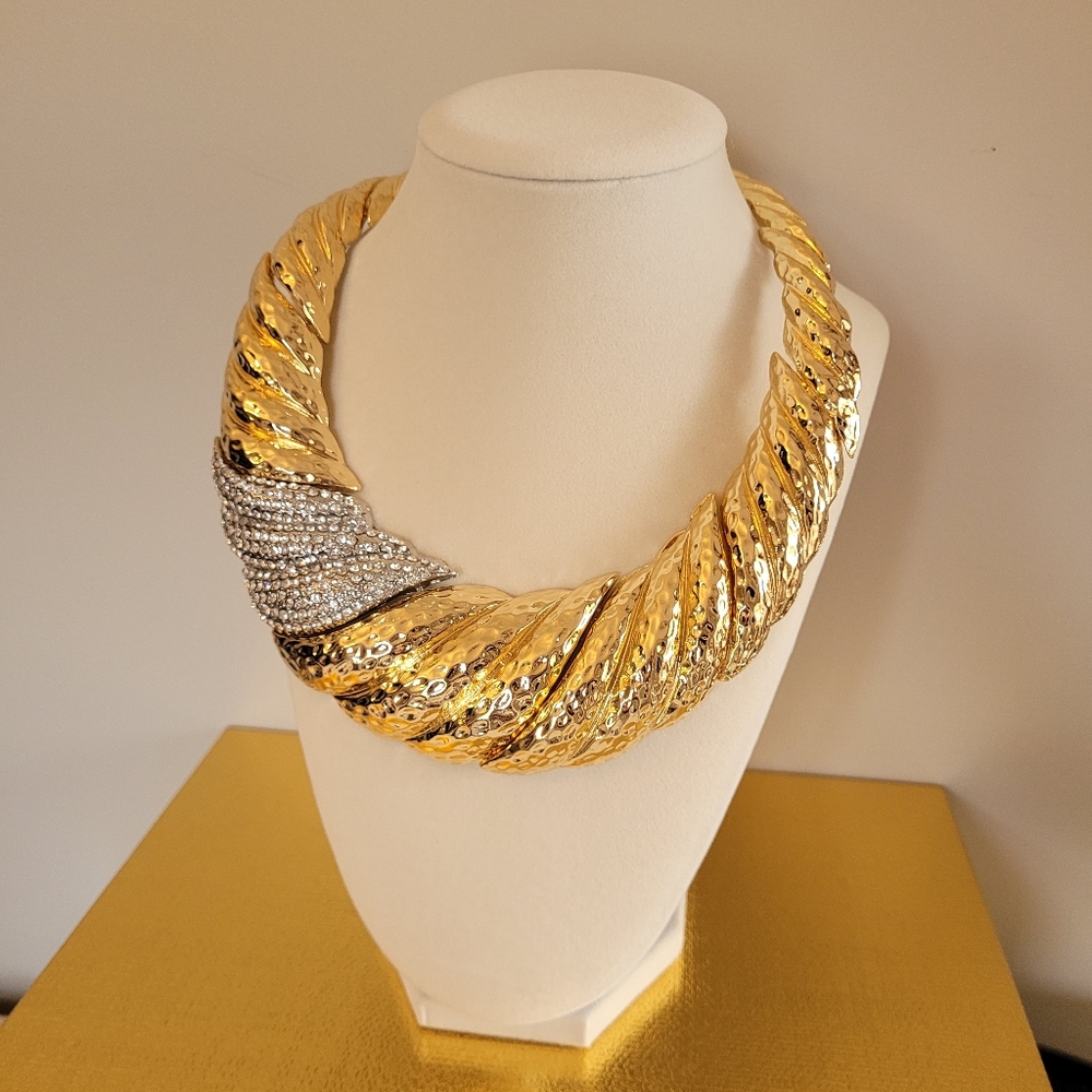 Natasha Necklace: Gold-tone with Rhinestones. Thick. Sparkly. Statement. Choker. - Picture 5 of 15